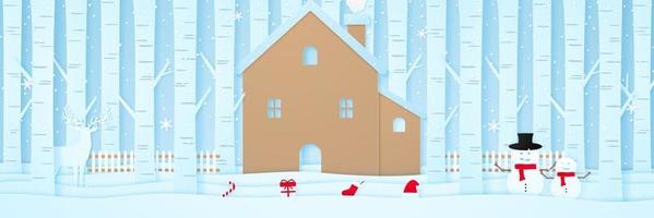 Merry Christmas, house with reindeer, snowman, Christmas stuff, fence and pine trees on snow in winter landscape with snow falling, paper art style vector