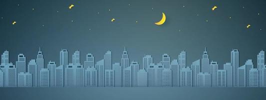 paisaje urbano por la noche, edificio con media luna y estrella, estilo de arte en papel vector