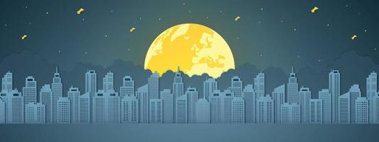Cityscape at night, building with full moon, star and cloud, paper art style