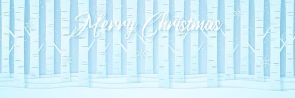 Pine trees on snow in winter landscape with snow falling and snowflakes, lettering, paper art style vector