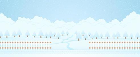 paisaje de invierno, árboles en la colina y nieve cayendo, césped y cerca, estilo de arte en papel vector