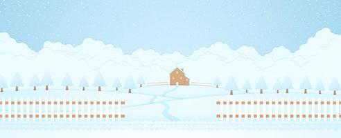 paisaje de invierno, casa y árboles en la colina con nieve cayendo, césped y cerca, fondo de nubes, estilo de arte en papel vector