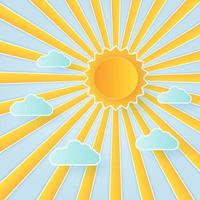 Cloudscape, blue sky with clouds and bright sun, paper art style vector