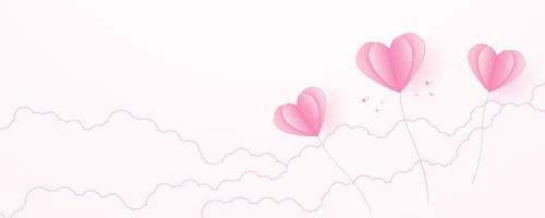 Día de San Valentín, fondo del concepto de amor, globos en forma de corazón de papel rosa flotando en el cielo con nubes, espacio en blanco, estilo de arte en papel vector