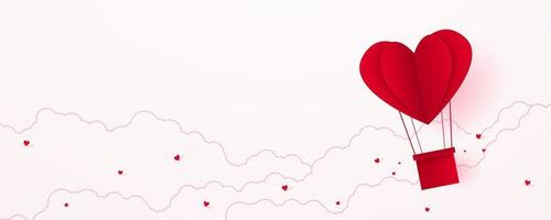 Día de San Valentín, fondo del concepto de amor, globo de aire caliente en forma de corazón rojo de papel flotando en el cielo con nubes, espacio en blanco, estilo de arte en papel vector