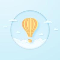 bright hot air balloon flying in the blue sky and cloudscape, paper art style vector