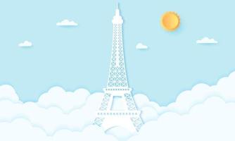 Eiffel tower with clouds, paper art style vector