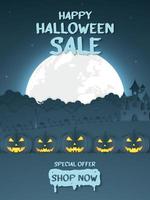 Happy Halloween sale banner, pumpkin head with castle, graveyard on the hill and full moon, paper art style vector