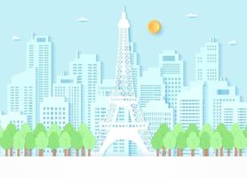 Eiffel tower surrounded by trees and building background, blue sky and sun, paper art style vector