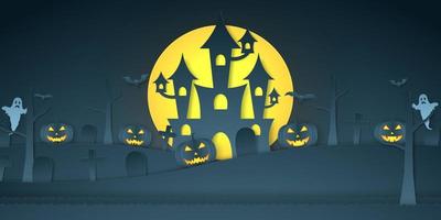 cabeza de calabaza de halloween, castillo, cementerio, murciélago, fantasma y luna brillante, estilo de arte en papel vector