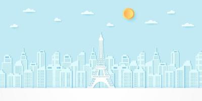 Eiffel tower among buildings with sun and cloud, paper art style