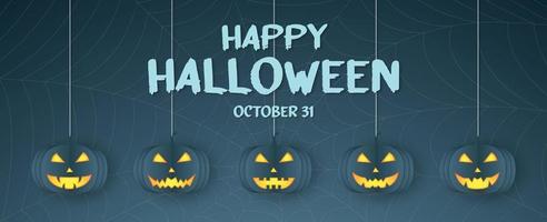 Happy Halloween, pumpkin head hanging, spider web, cobweb background with text vector