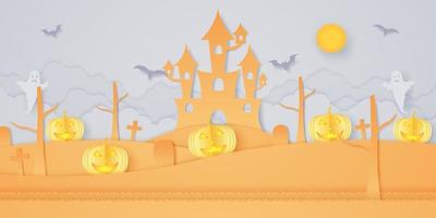 Cabeza de calabaza de Halloween en la colina con castillo, cementerio, murciélago, fantasma y luna brillante, estilo de arte en papel vector