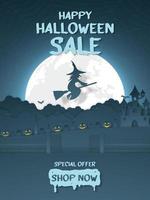 Happy Halloween sale banner, pumpkin head, witch flying above cloud with castle, graveyard on the hill and full moon, spider web background, paper art style vector