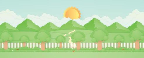 Spring Time, landscape, trees in the garden with plant pots, beautiful flowers on grass and fence, hill and mountains, paper art style vector