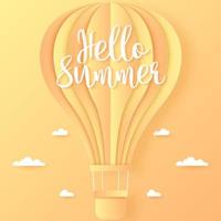 hola verano, globo aerostático naranja y amarillo volando en el cielo brillante y la nube, estilo de arte en papel vector