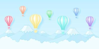Colorful hot air balloons flying over mountain, rainbow color pattern, paper art style