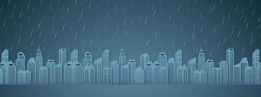 Cityscape with rain, dark sky, rainy season, paper art style vector