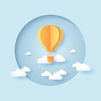 bright folded hot air balloon flying in the blue sky in circular frame, paper art style vector
