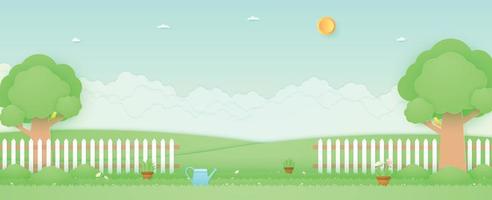 Spring Time, landscape, garden with trees, plant pots, beautiful flowers, watering can on grass and fence, bird on the branch, paper art style vector