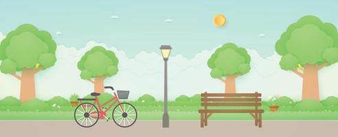 Spring Time, bicycle in the garden with wooden bench and street light, bird on trees, plant pots and flowers on grass, sun and cloudscape, paper art style