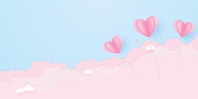 Día de San Valentín, fondo del concepto de amor, globos en forma de corazón de papel rosa flotando en el cielo con nubes, espacio en blanco, estilo de arte en papel vector