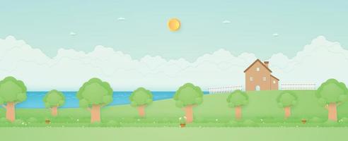 Spring Time, panorama landscape, sea, house on the hill and fence, garden with trees, plant pots, flowers on grass, bird on the branch, paper art style vector