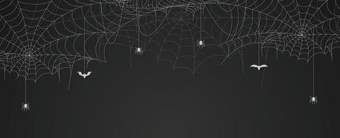 Spider web banner with spiders and bats hanging, cobweb background, copy space vector