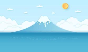 montaña y mar con sol brillante y cielo azul, estilo de arte en papel vector