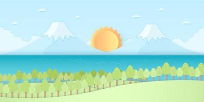 Nature hill, mountain and sea, trees with sun and blue sky, paper art style vector
