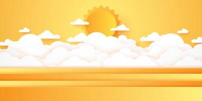 Summer Time, Cloudscape, cloudy sky with bright sun, paper art style vector