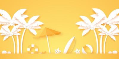 horario de verano, palmera de coco con cosas de verano, estilo de arte en papel vector