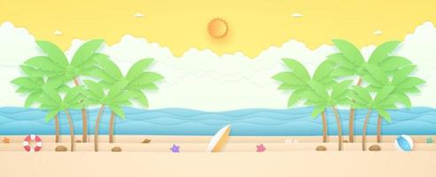 horario de verano, paisaje marino, paisaje, estrella de mar, globo y cosas de verano en la playa con mar ondulado y cocotero en la isla, sol brillante y cielo soleado, estilo de arte en papel vector