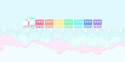 Transporte, tren de color arcoíris corriendo en el puente con cielo azul y nubes de colores, estilo de arte en papel vector