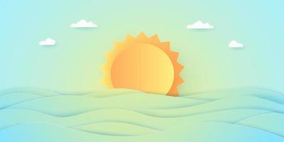 Summer Time, landscape, cloudy sky with bright sun, paper art style vector