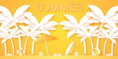 Summer time, coconut palm tree with summer stuff, paper art style vector