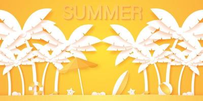 horario de verano, palmera de coco con cosas de verano, estilo de arte en papel vector