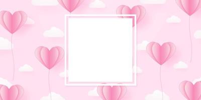 El día de San Valentín, plantilla para el concepto de amor, globos en forma de corazón rosa flotando en el cielo con nubes, estilo de arte en papel, espacio en blanco para texto yf vector