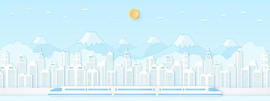Electric high-speed train, transportation, Cityscape, Landscape, Building, mountain with blue sky and sun, paper art style vector