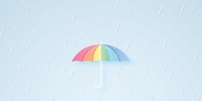 paraguas de color arco iris con lluvia y nubes, temporada de lluvias, tormenta, estilo de arte en papel vector