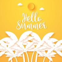 hola verano, palmera de coco con sol y nubes, estilo de arte en papel vector