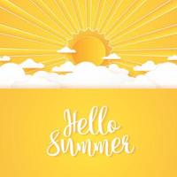 Hello Summer, Cloudscape, bright cloud sky and sun with lettering, paper art style vector