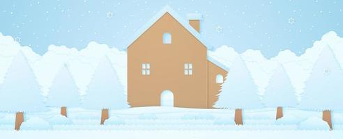 House and trees on snow in winter landscape with snow falling, cloudscape background, paper art style vector