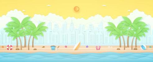 Summer Time, tropical landscape, wavy sea with coconut trees and summer stuff on beach, cityscape and cloud background, bright sun and sunny sky, paper art style vector