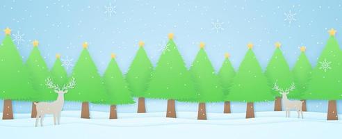 winter landscape, reindeer and christmas trees on snow with snow falling and snowflakes, paper art style vector