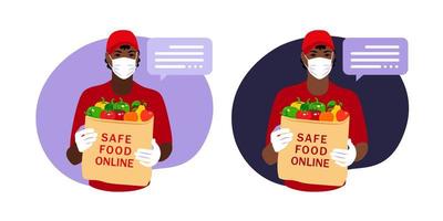 Safe food delivery. Man african courier delivering grocery order to the home of customer with mask and gloves during the coronavirus pandemic. Vector flat illustration isolated on white background.