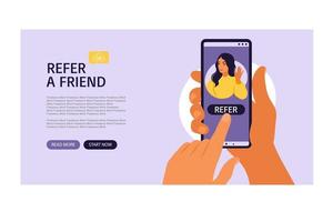 Hands holding smartphone with a woman social media profile or user account. Landing page refer a friend, following concept for add. Vector illustration. Flat.