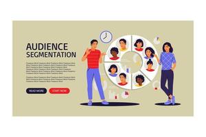 Audience segmentation concept. Landing page for web. People near a large circular chart with images of people. Vector illustration. Flat.