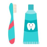 Toothbrush and toothpaste, vector illustration in cartoon flat style. Dental and oral care concept. Cute print for children books, kids dentistry clinic, thematic design and decor. Teeth hygiene