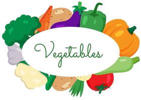 Vegetables inscription in frame of different vegetables. Vegetarian poster. Frame with vegan food elements. Vector illustration in cartoon flat style. Good nutrition concept